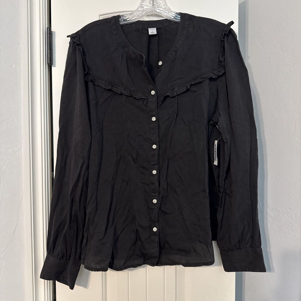 Old Navy Flowy Prairie Charcoal Ruffle Top Womens Size LBoho Peasant Lyocell